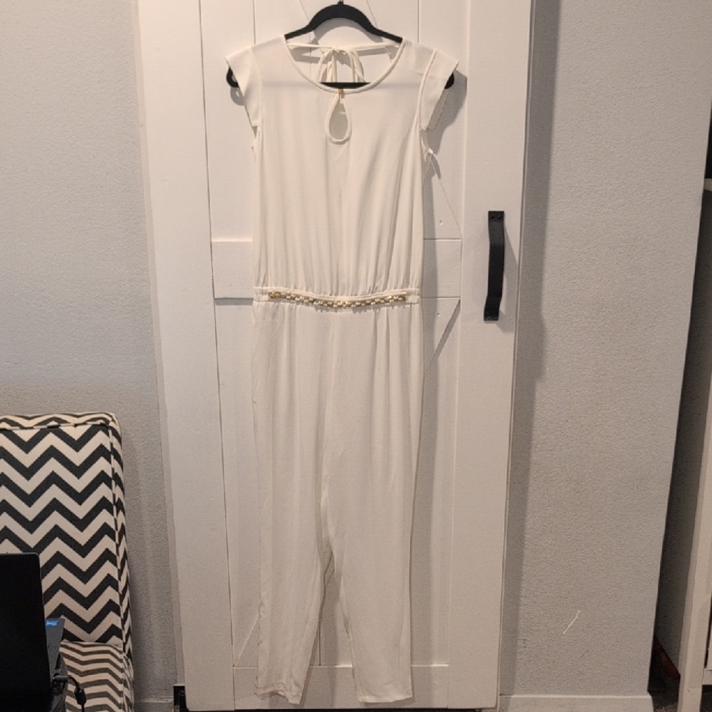 Oky-Coky Chic White Jumpsuit w/ Gold Accents, Cap Sleeves and Relaxed Silhouette